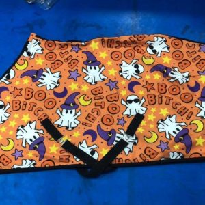 Orange Halloween turnout rug with ghosts and witch hats