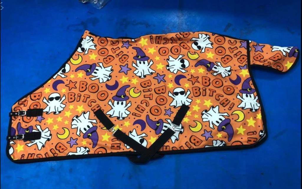 Orange Halloween turnout rug with ghosts and witch hats